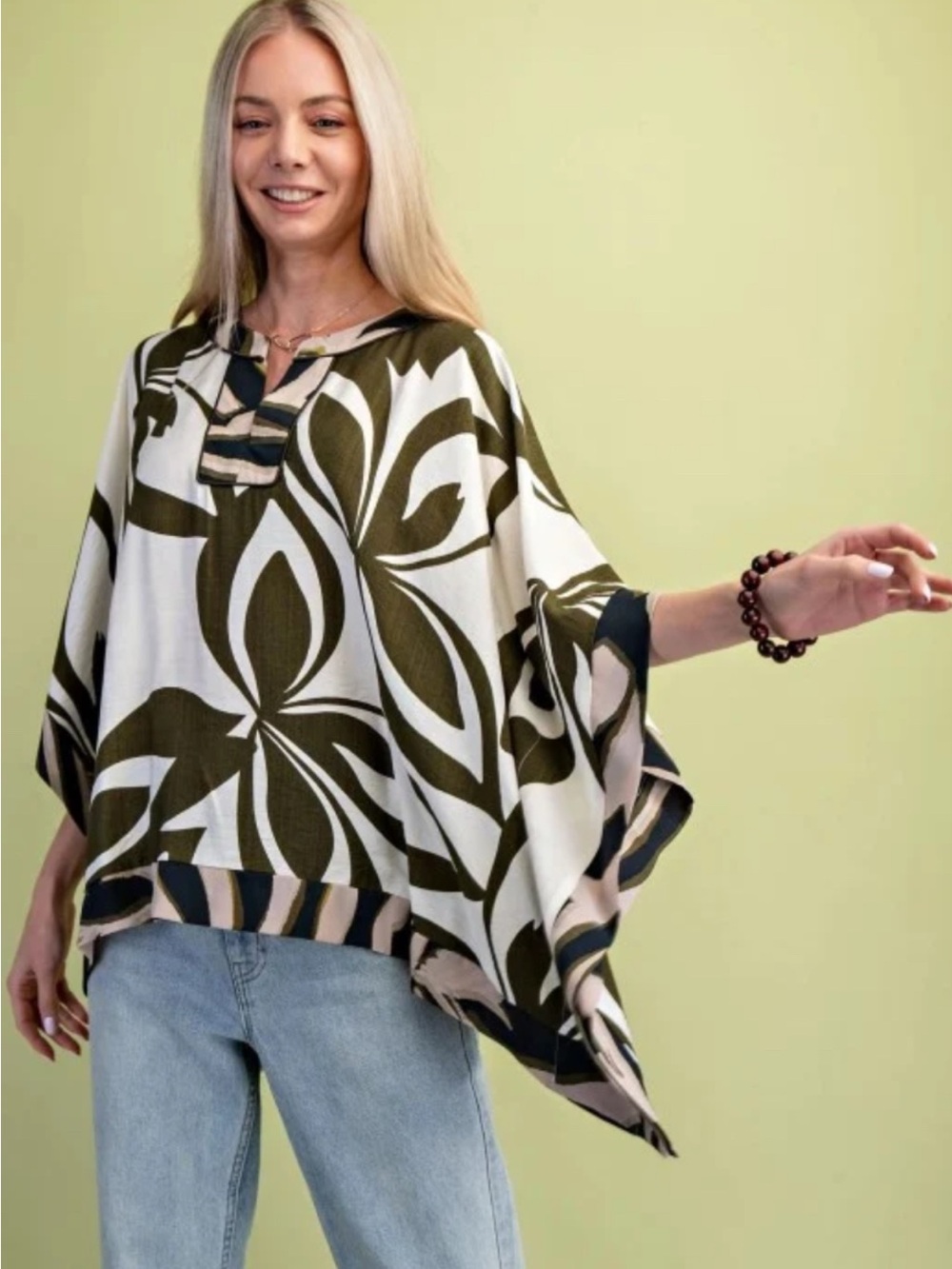 Olive & White Printed Poncho Tunic Top